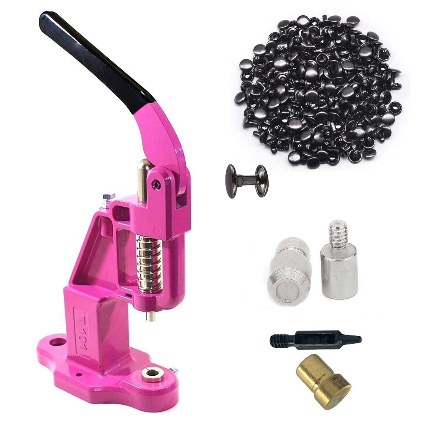 Double Cap 9mm Rivets Kit (1000 pcs) with Hand Press Machine, Dies and Hole Punch