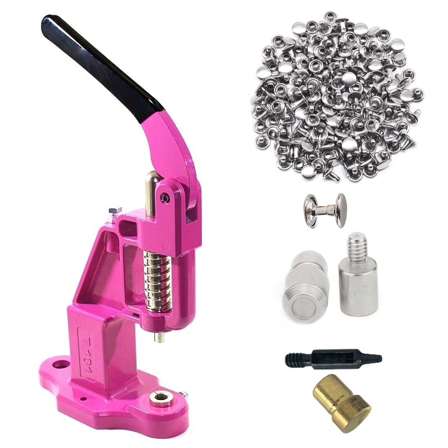 Double Cap 9mm Rivets Kit (1000 pcs) with Hand Press Machine, Dies and Hole Punch