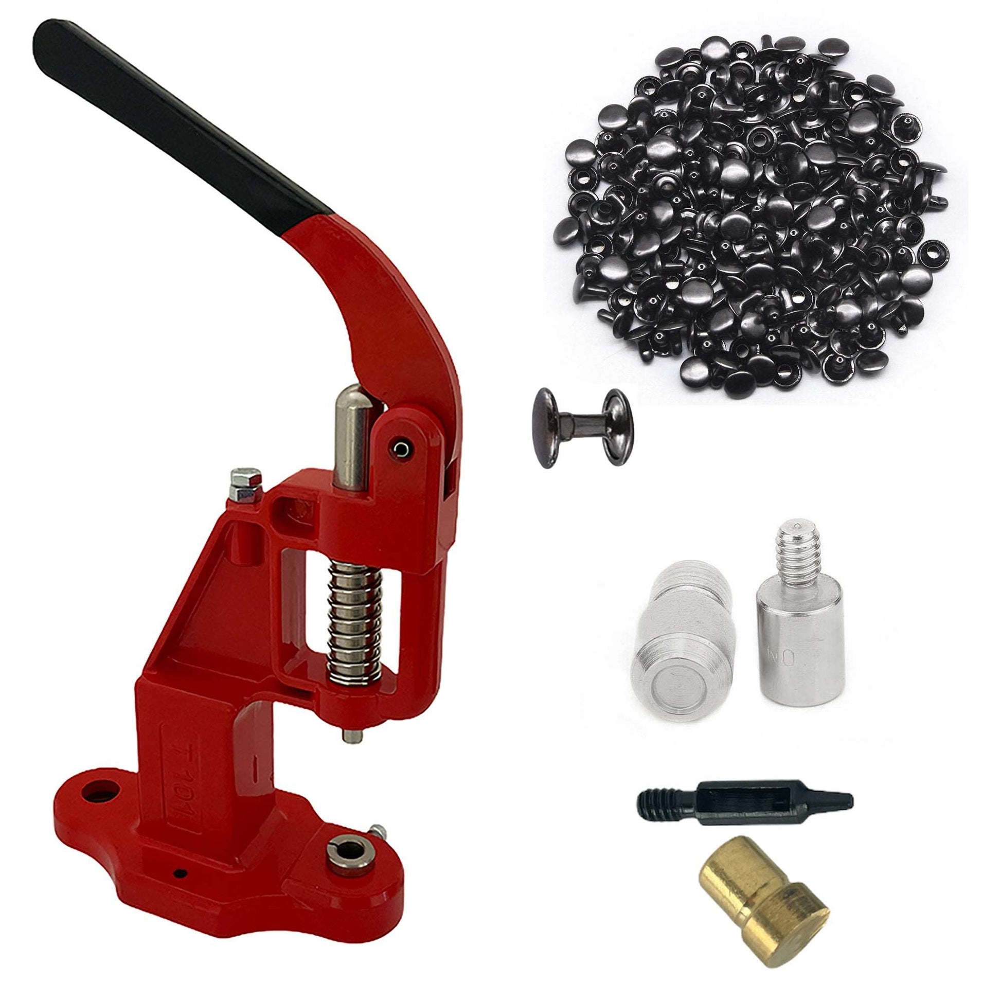 Double Cap 9mm Rivets Kit (1000 pcs) with Hand Press Machine, Dies and Hole Punch