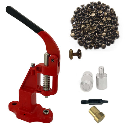 Double Cap 9mm Rivets Kit (1000 pcs) with Hand Press Machine, Dies and Hole Punch