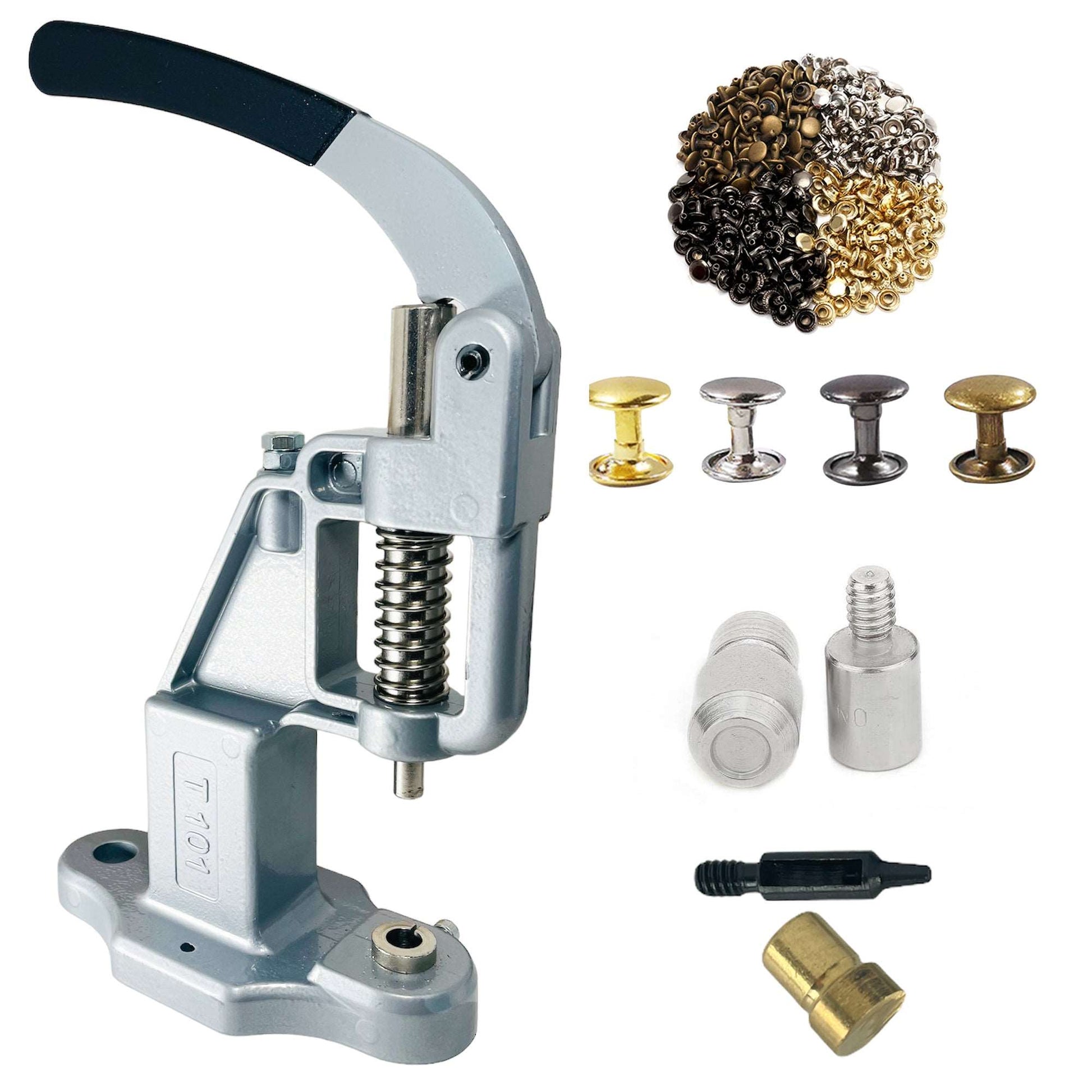 Double Cap 9mm Rivets Kit (1000 pcs) with Hand Press Machine, Dies and Hole Punch