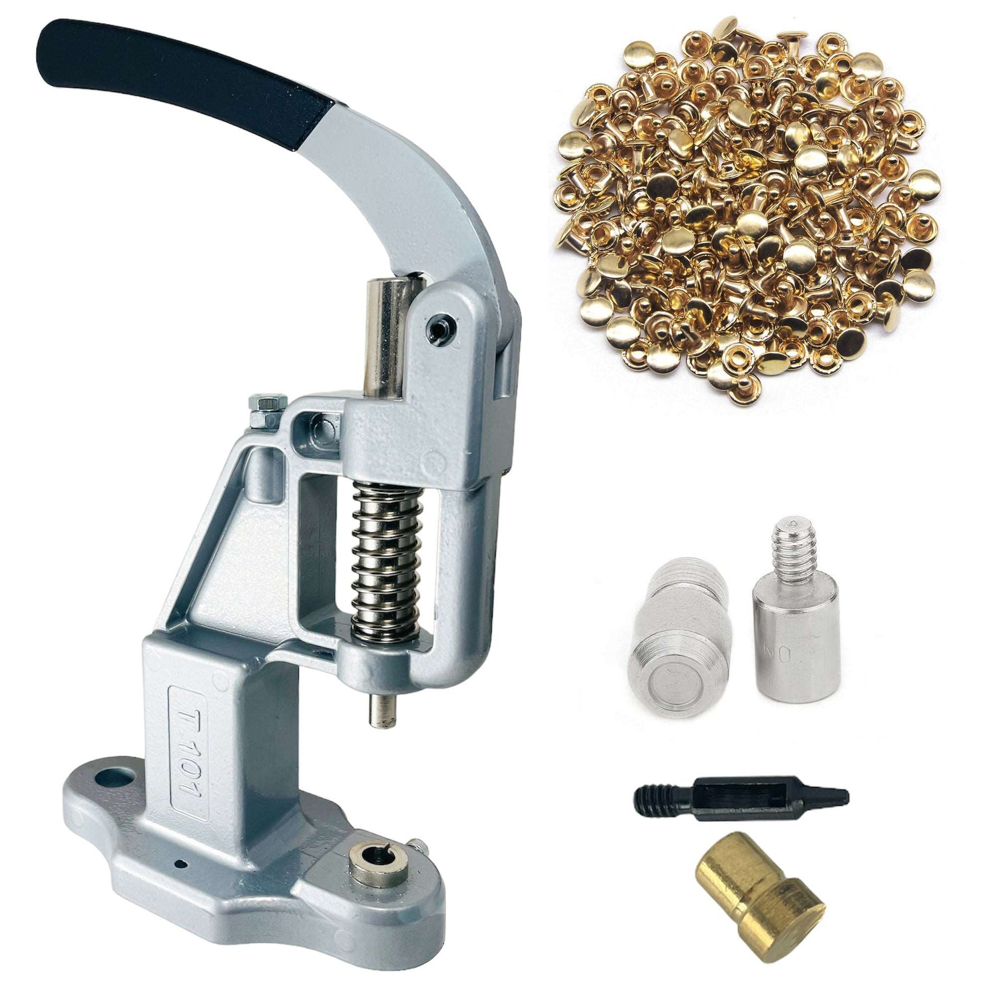 Double Cap 9mm Rivets Kit (1000 pcs) with Hand Press Machine, Dies and Hole Punch