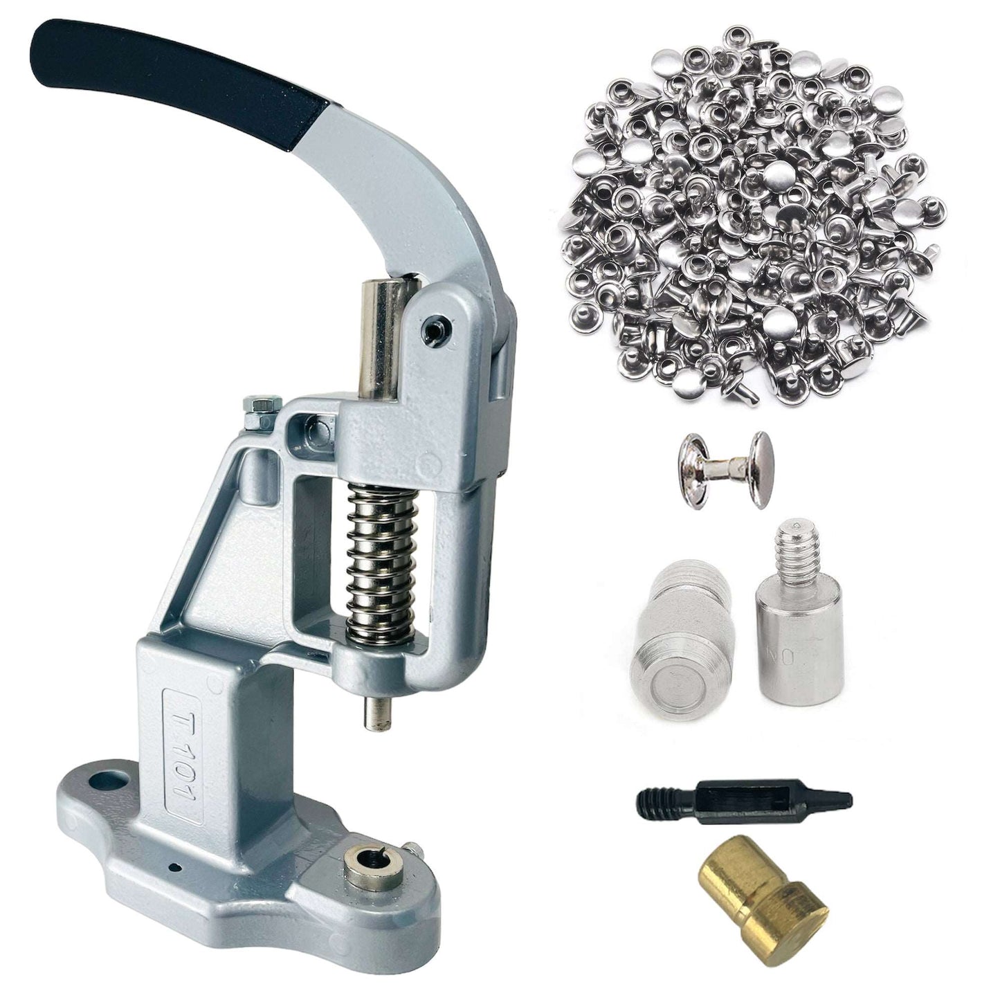 Double Cap 9mm Rivets Kit (1000 pcs) with Hand Press Machine, Dies and Hole Punch