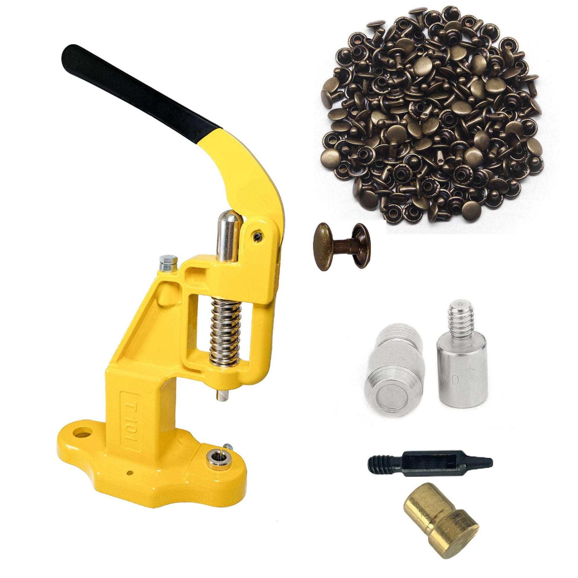 Double Cap 9mm Rivets Kit (1000 pcs) with Hand Press Machine, Dies and Hole Punch