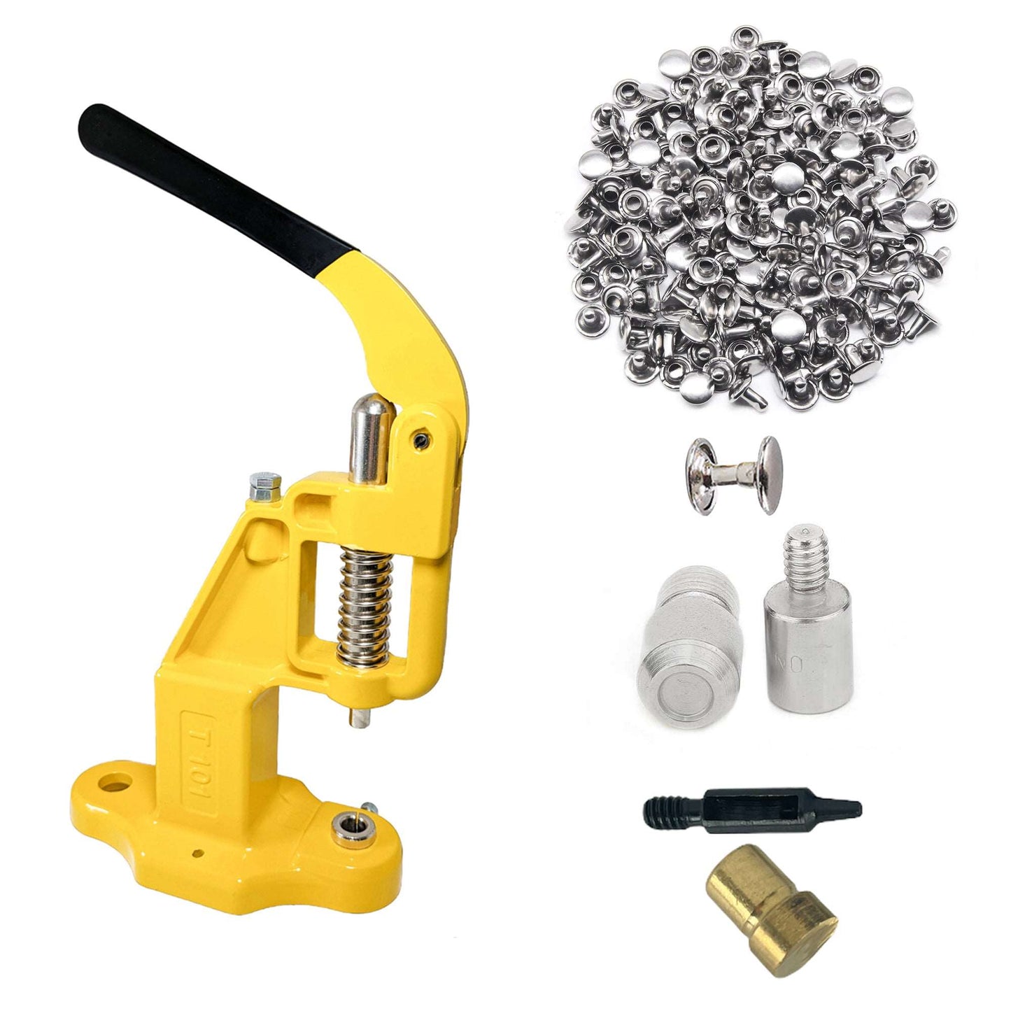 Double Cap 9mm Rivets Kit (1000 pcs) with Hand Press Machine, Dies and Hole Punch