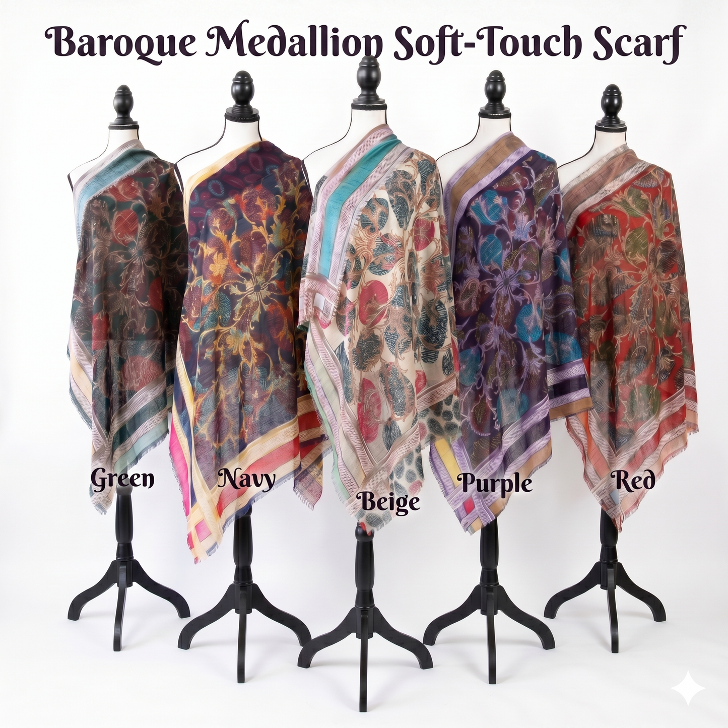 Elegant 36" Square Floral Scarf for Women – Soft Poly-Viscose Soft-touch Head Scarf, Lightweight Neckerchief, Bohemian Medallion Pattern Hair Wrap and Shawl