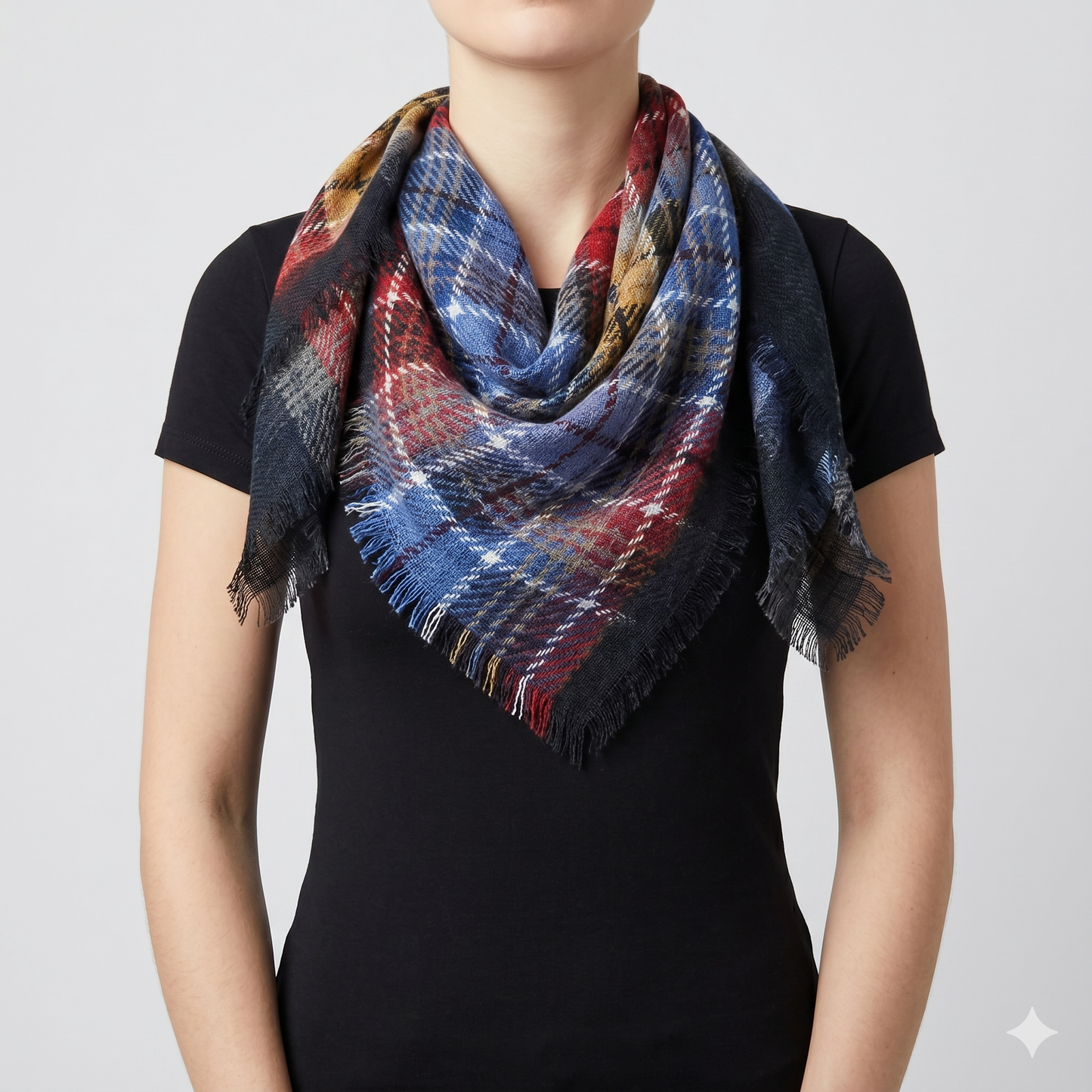 Soft Lightweight Plaid Square Scarf, 36x36 Poly-Viscon Head Wrap, Vibrant Multi-Color Checkered Neck Scarf