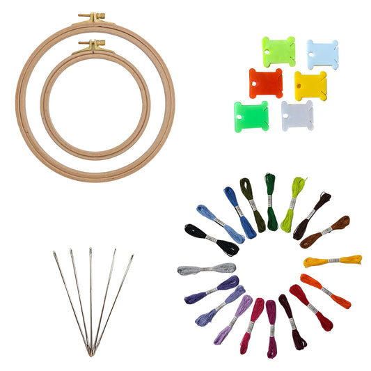Embroidery Kit with 2 Beech Wood Hoops, 100% Cotton Embroidery Floss, Needles and Bobbins (18)