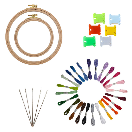 Embroidery Kit with 2 Beech Wood Hoops, 100% Cotton Embroidery Floss, Needles and Bobbins (24)