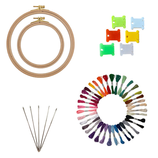 Embroidery Kit with 2 Beech Wood Hoops, 100% Cotton Embroidery Floss, Needles and Bobbins (36)