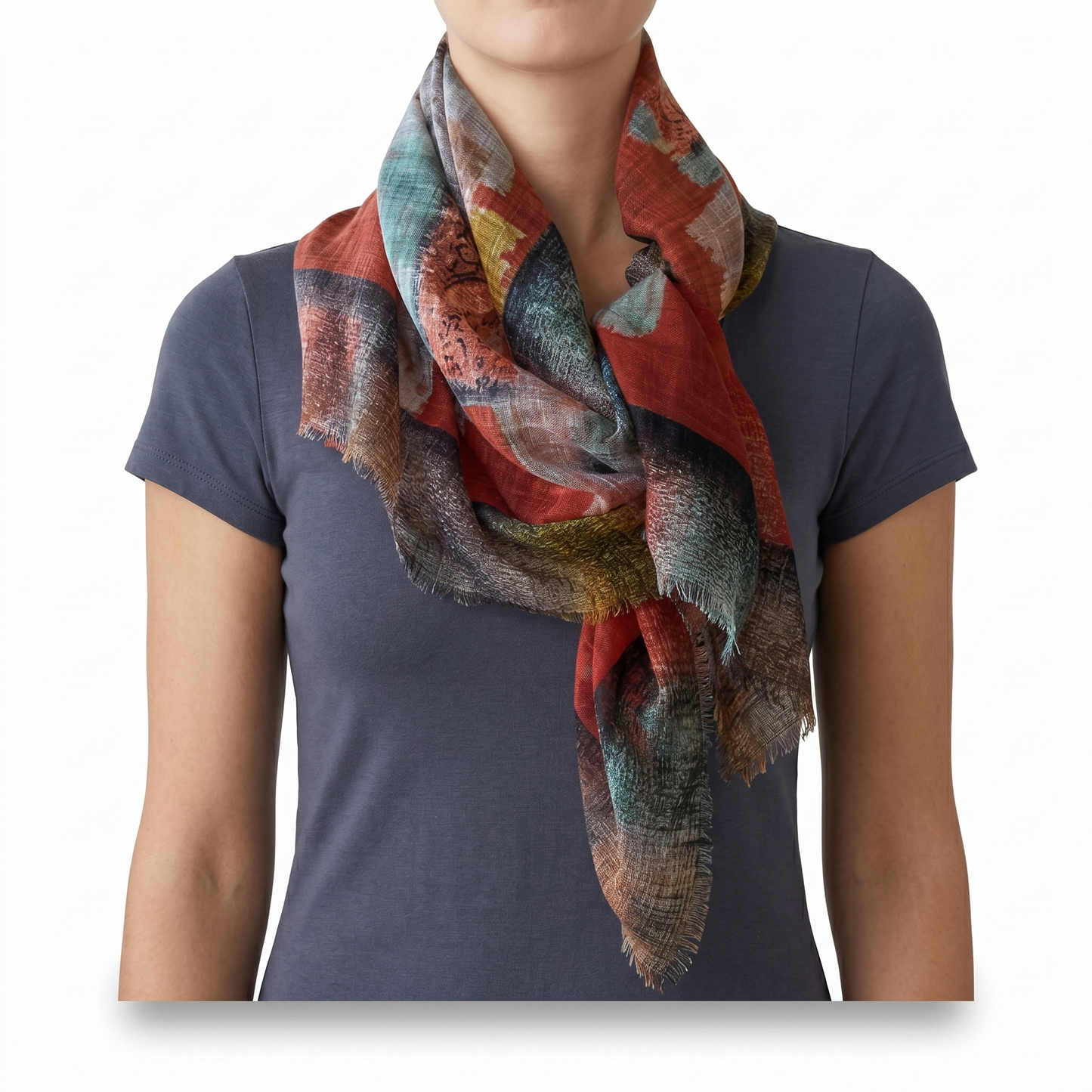 Large 36" Square Lightweight Scarf for Women - Poly-Viscose Artful Patchwork Design