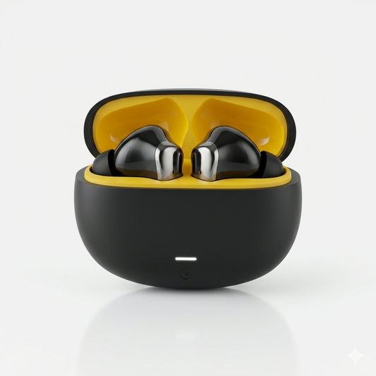 Front view of NEW-V75 Wireless Earbuds packaging in black featuring Bluetooth 5.4 technology and high-fidelity stereo sound.