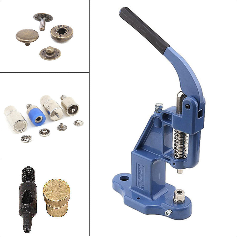 720 sets 4 piece 12.5mm (line 20) fashion spring snap buttons with manual press machine, dies, hole punch tool blue / bronze