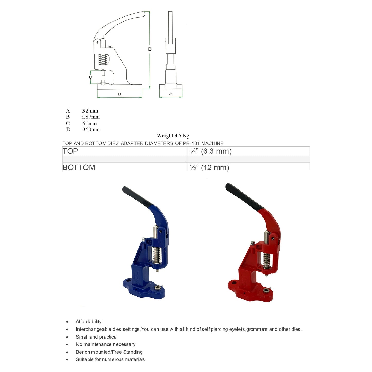 manual hand press machine for eyelets, grommets, rivets, snap buttons and more