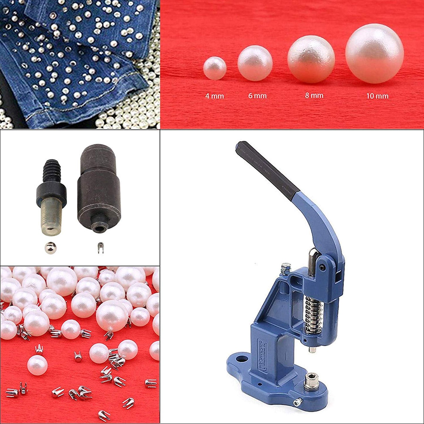 white pearl rivet set with manual grommet machine, diy 4mm 6mm 8mm